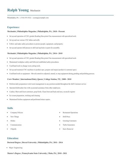 Mechanist Resume