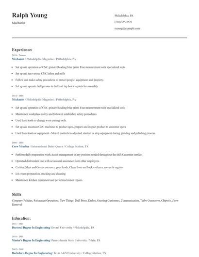 Mechanist Resume