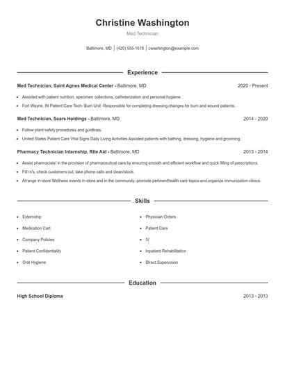 Med Technician Resume