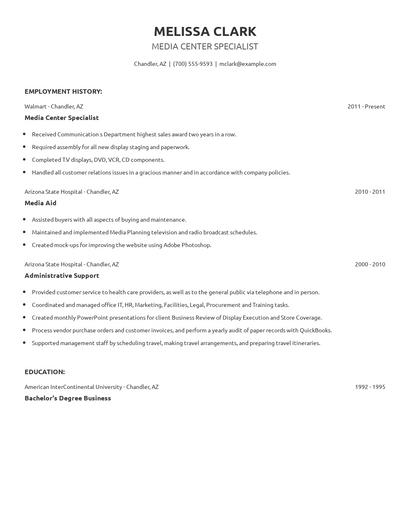Media Center Specialist Resume
