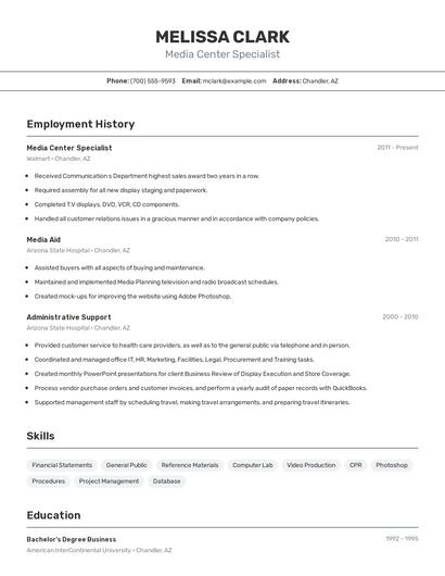 Media Center Specialist Resume
