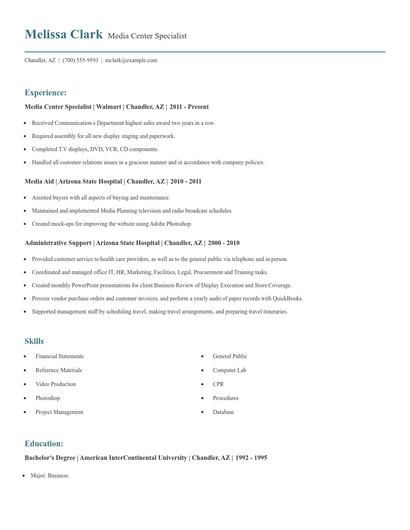 Media Center Specialist Resume