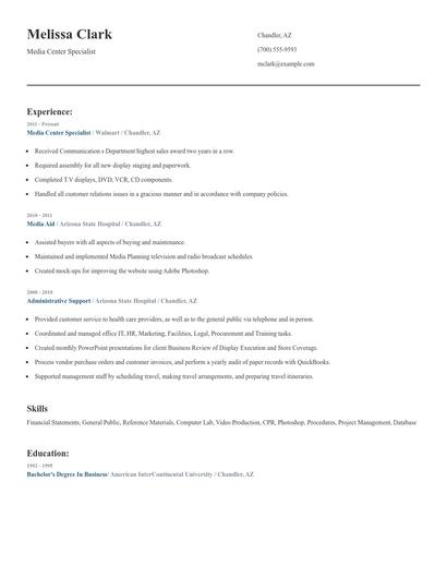 Media Center Specialist Resume