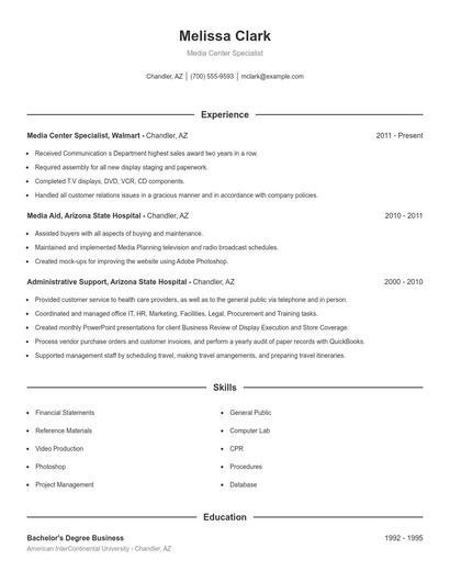 Media Center Specialist Resume