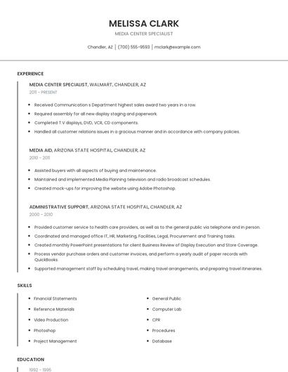 Media Center Specialist Resume