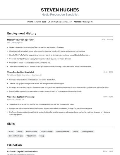 Media Production Specialist Resume