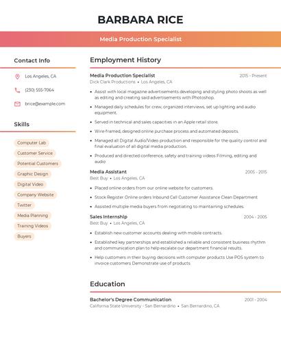 Media Production Specialist Resume