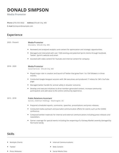 Media Promoter Resume