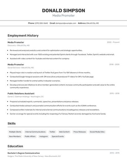 Media Promoter Resume