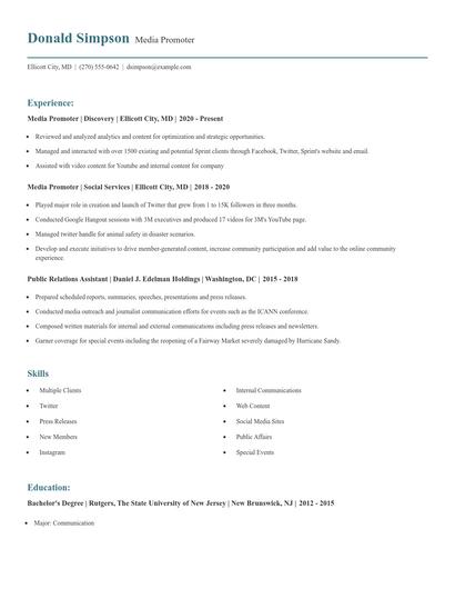 Media Promoter Resume