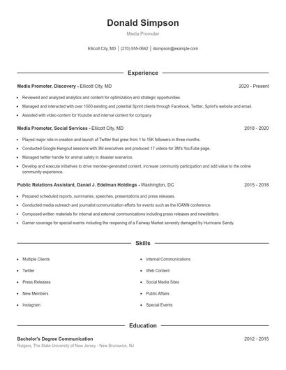 Media Promoter Resume
