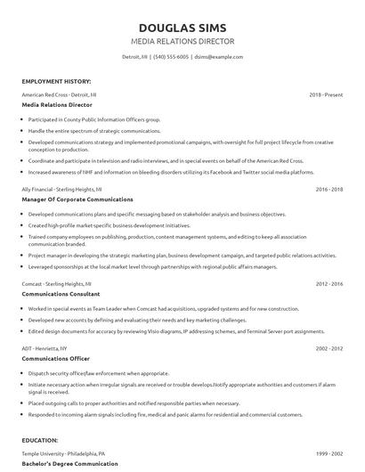 Media Relations Director Resume