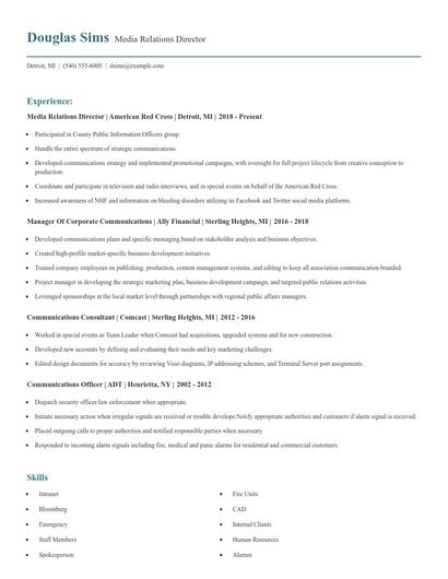 Media Relations Director Resume