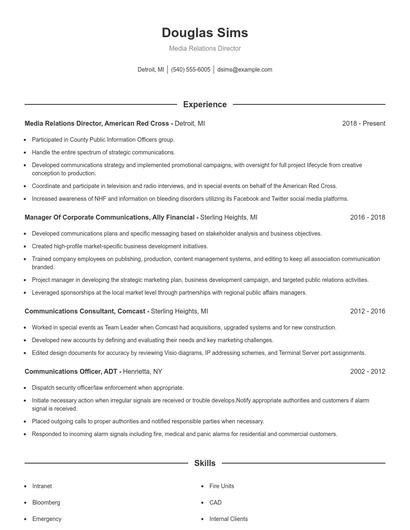 Media Relations Director Resume