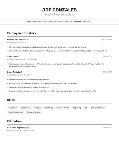 Media Sales Associate Resume