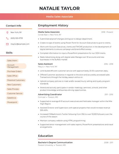 Media Sales Associate Resume