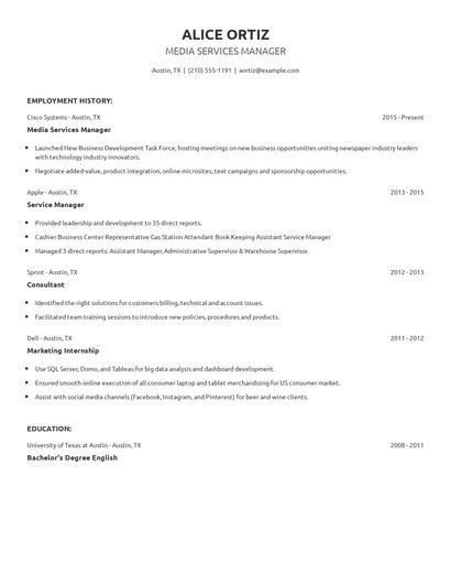 Media Services Manager Resume
