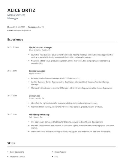 Media Services Manager Resume