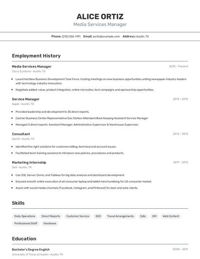 Media Services Manager Resume