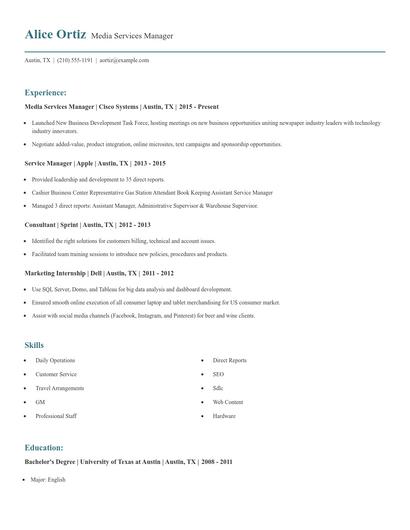 Media Services Manager Resume