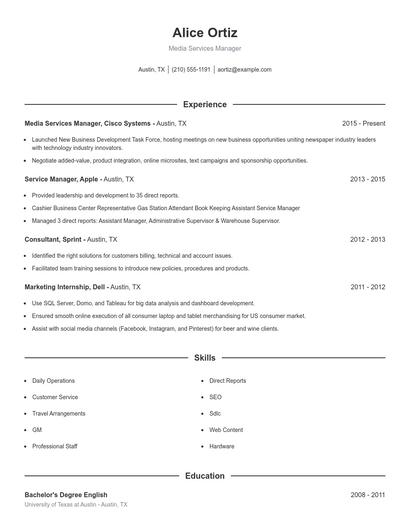 Media Services Manager Resume
