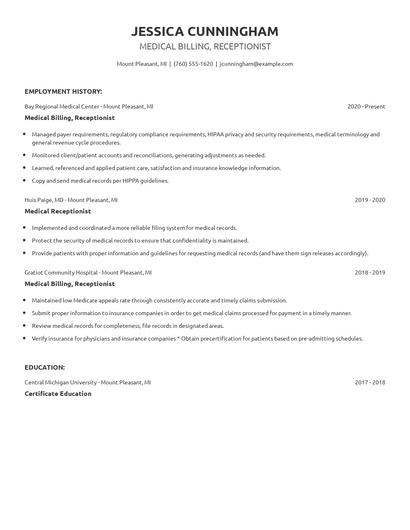 Medical Billing, Receptionist Resume