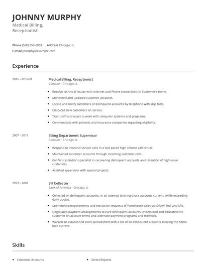 Medical Billing, Receptionist Resume