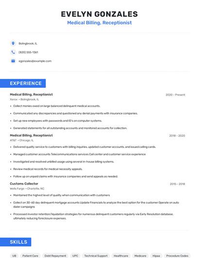 Medical Billing, Receptionist Resume