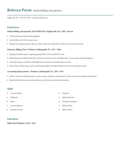 Medical Billing, Receptionist Resume