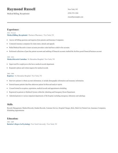 Medical Billing, Receptionist Resume