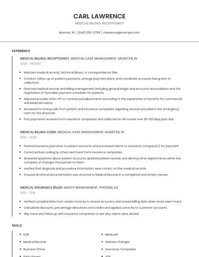 Medical Billing, Receptionist Resume