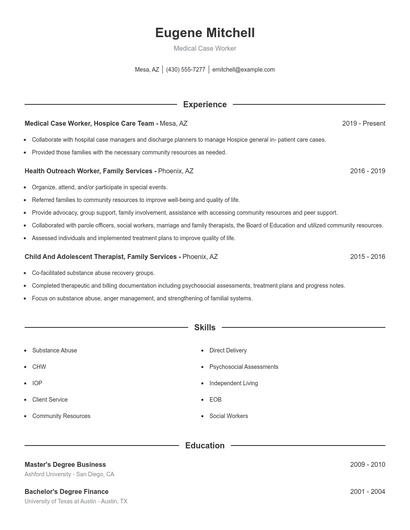 Medical Case Worker Resume