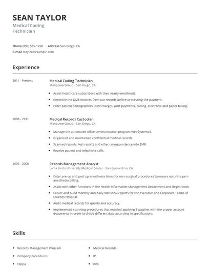 Medical Coding Technician Resume