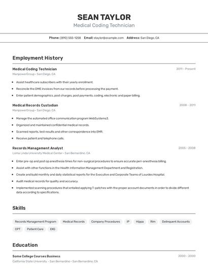 Medical Coding Technician Resume