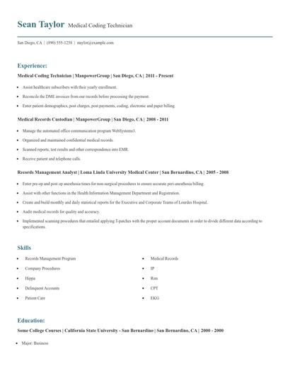 Medical Coding Technician Resume