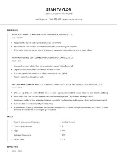 Medical Coding Technician Resume