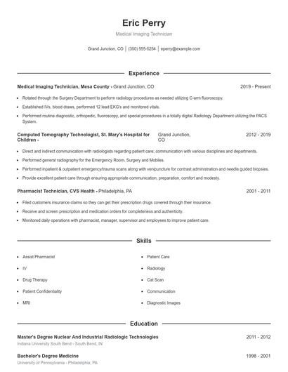 Medical Imaging Technician Resume