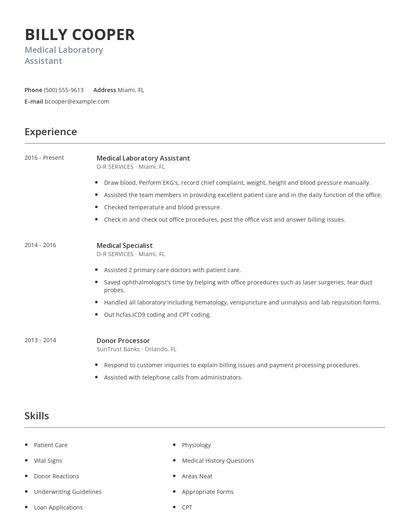 Medical Laboratory Assistant Resume