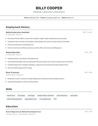 Medical Laboratory Assistant Resume