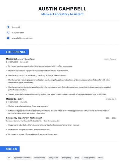 Medical Laboratory Assistant Resume