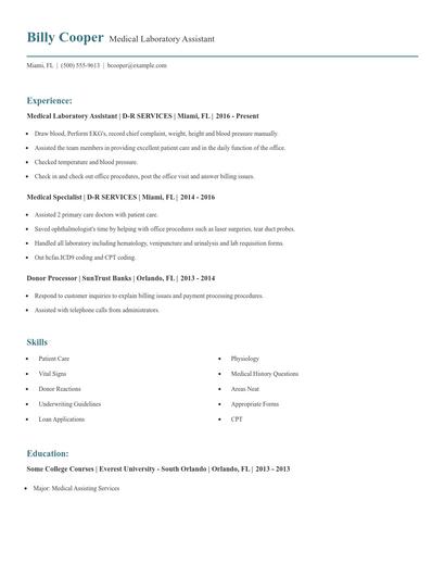 Medical Laboratory Assistant Resume