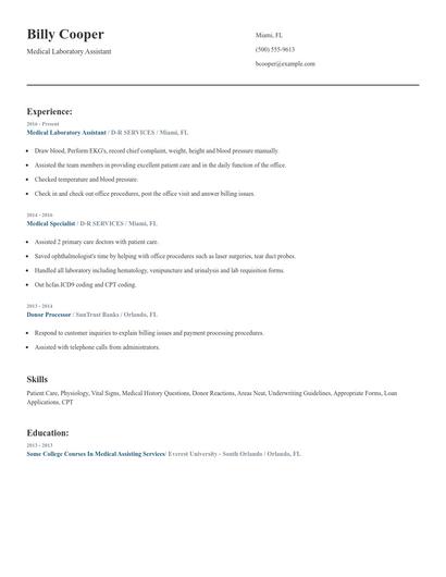 Medical Laboratory Assistant Resume