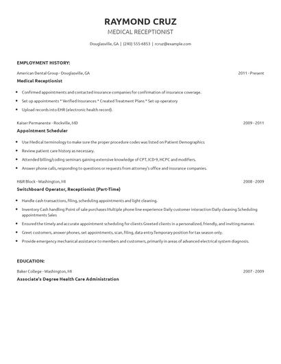 Medical Receptionist Resume