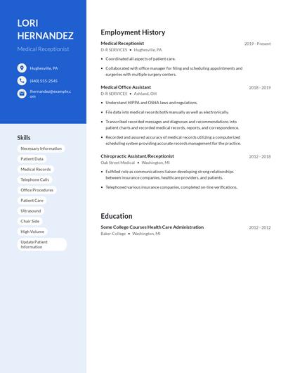 Medical Receptionist Resume