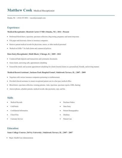 Medical Receptionist Resume