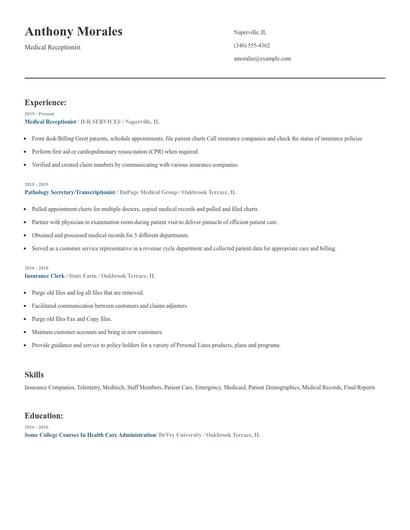 Medical Receptionist Resume