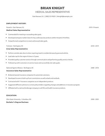Medical Sales Representative Resume