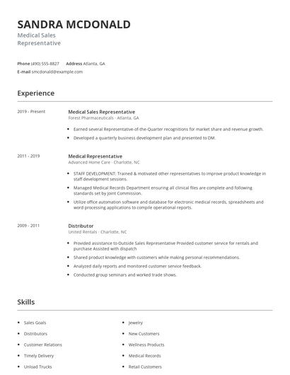 Medical Sales Representative Resume