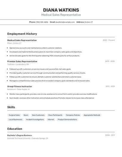 Medical Sales Representative Resume
