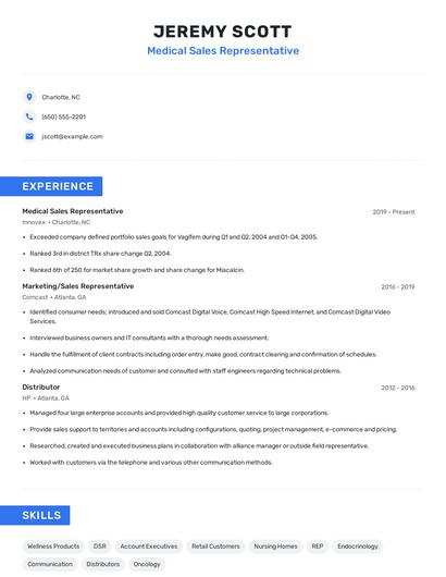 Medical Sales Representative Resume